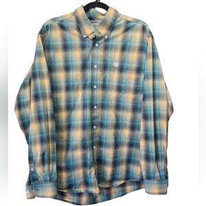 Cinch Medium 100% Cotton Plaid Button Down Shirt Green Teal Western Rodeo Ranch